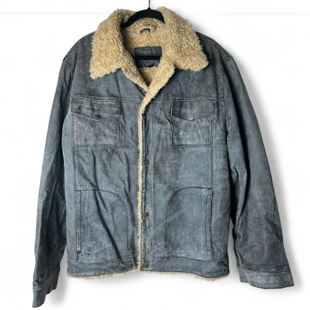 Guess Men’s Vintage Leather Sherpa Lined Trucker Jacket Distressed Gray Y2K Sz L